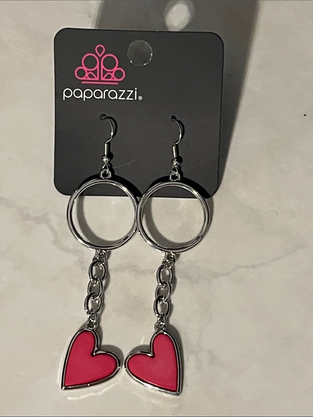 Paparazzi Silver Hoop Drop Earrings with Hot Pink Heart Charms